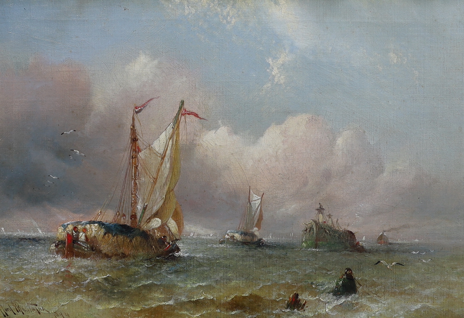 Clifford Montague (British, 1845-1901), Hay barges off the coast, oil on canvas, 28.5 x 41cm